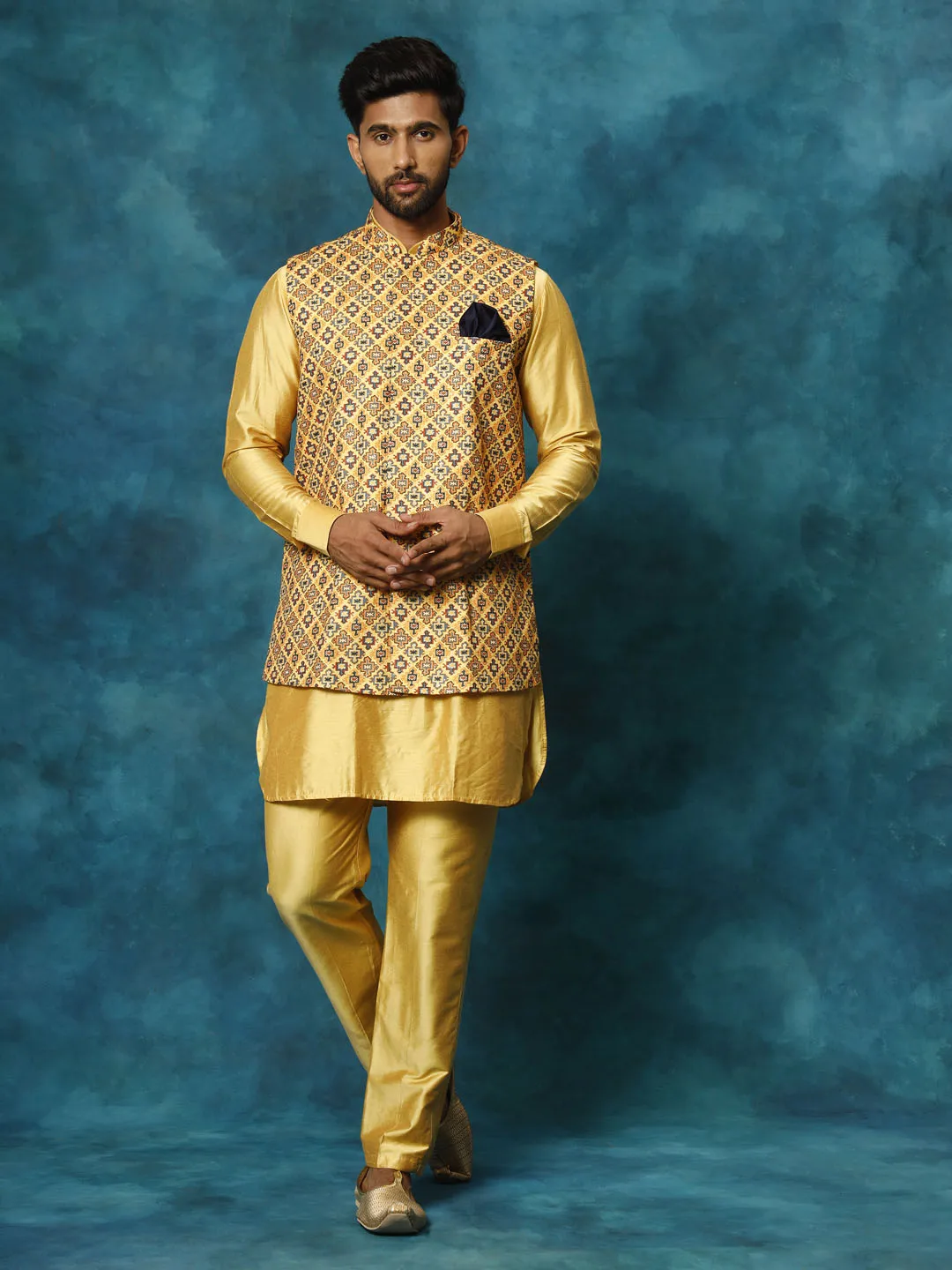 VASTRAMAY Mustard Geometric Nehru Jacket Set