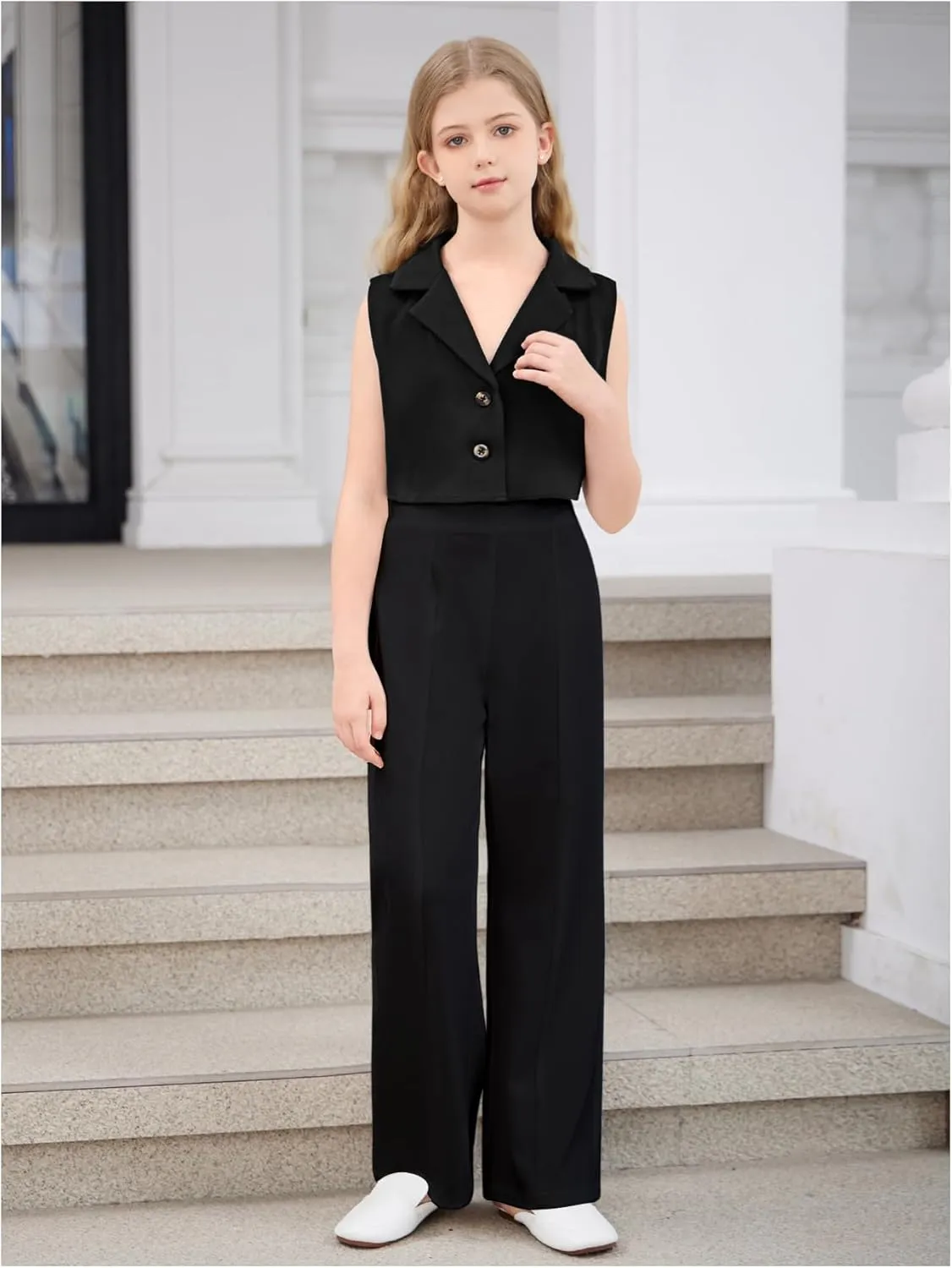 Verdusa Girl's 2 Piece Outfits Clothing Sets Button Front Crop Vest Blazer and Wide Leg Pants