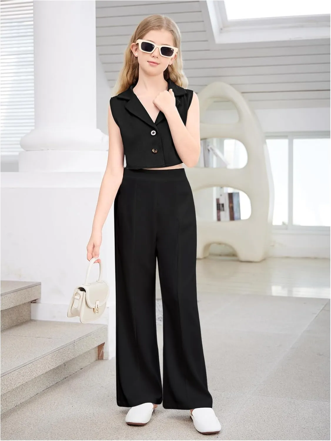 Verdusa Girl's 2 Piece Outfits Clothing Sets Button Front Crop Vest Blazer and Wide Leg Pants