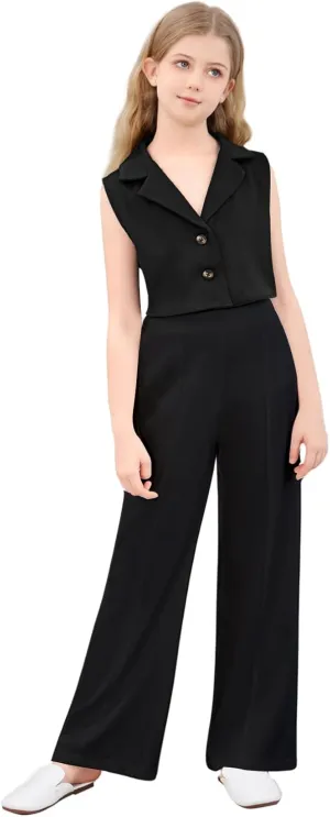 Verdusa Girl's 2 Piece Outfits Clothing Sets Button Front Crop Vest Blazer and Wide Leg Pants