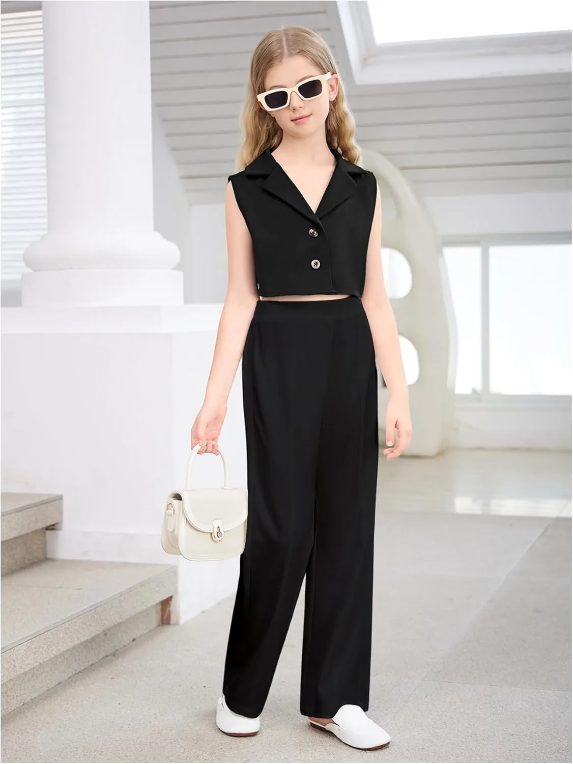 Verdusa Girl's 2 Piece Outfits Clothing Sets Button Front Crop Vest Blazer and Wide Leg Pants
