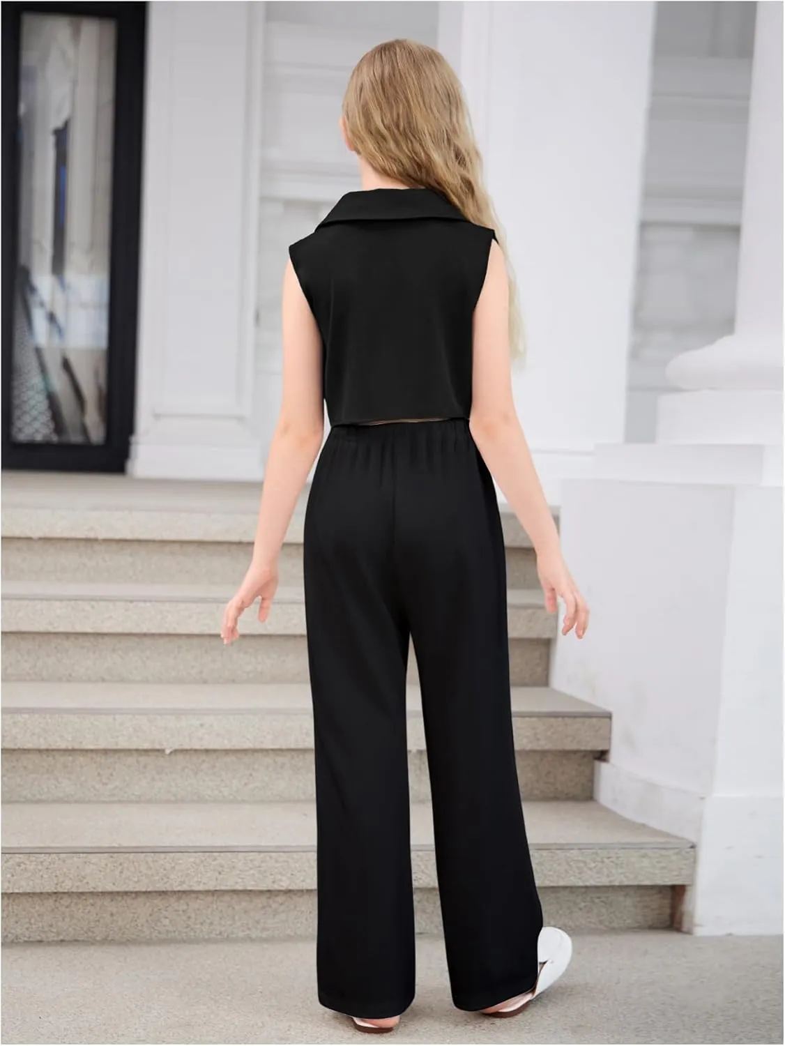 Verdusa Girl's 2 Piece Outfits Clothing Sets Button Front Crop Vest Blazer and Wide Leg Pants