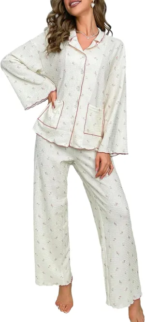 Verdusa Women's 2 Piece Floral Pajama Sets Lettuce Trim Sleepwear Button Up Long Sleeve Shirt with Pants Sets