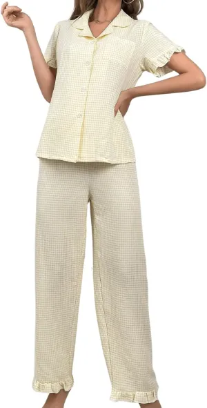 Verdusa Women's 2 Piece Pajamas Sets Cute Pj Set Graphic Print Comfy Loungewear Sets Ruffle Trim Top and Pants