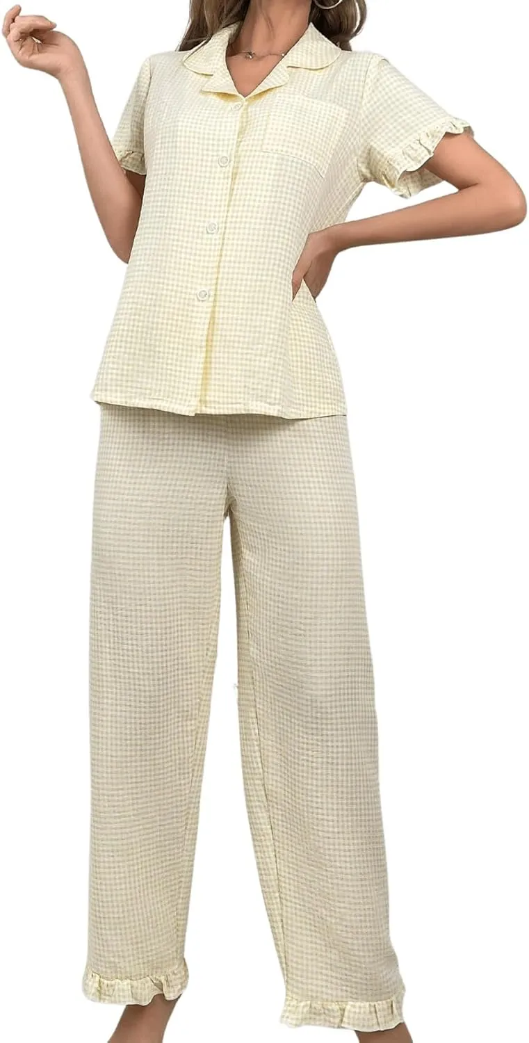 Verdusa Women's 2 Piece Pajamas Sets Cute Pj Set Graphic Print Comfy Loungewear Sets Ruffle Trim Top and Pants