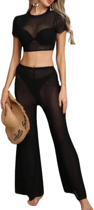 Verdusa Women's 2 Piece Sheer Mesh Bikini Cover Up Sets Crop Top and Wide Leg Pants