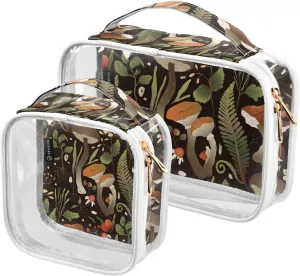Vintage Mushroom Pattern 2 Pack Clear Toiletry Bag Women Men, Portable Waterproof Clear Pouch, Cosmetic Bag with Double Zippers Large Opening Traveling with Handle for Bathroom Traveling Vacation Orga