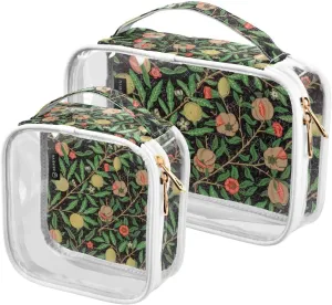 Vintage-pomegranate-flowers 2 Pack Clear Toiletry Bag Women Men, Portable Waterproof Clear Pouch, Cosmetic Bag with Double Zippers Large Opening Traveling with Handle for Bathroom Traveling Vacation O