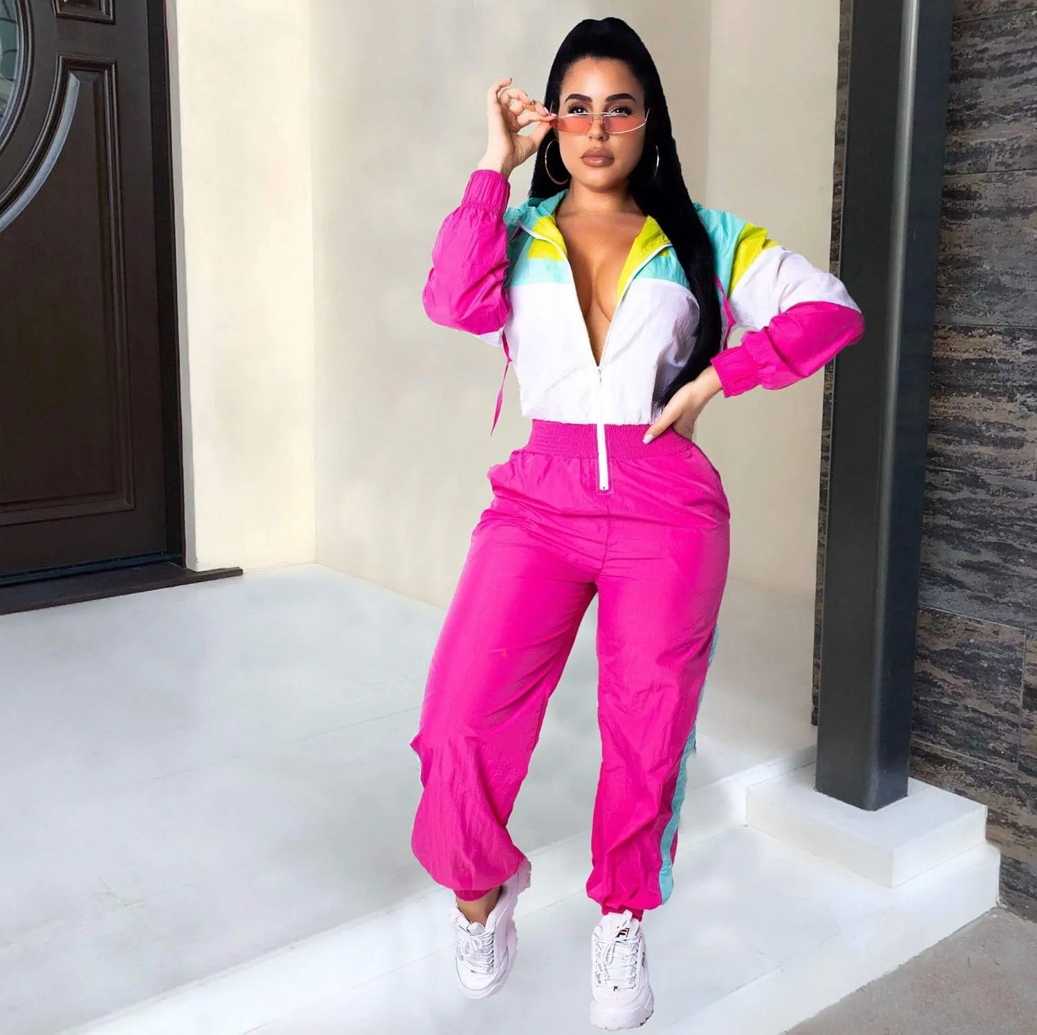 VOIKERDR Women Colorblock One Piece Outfits Set High Waist Pants Long Sleeve Zipper Front Windbreaker Jumpsuit