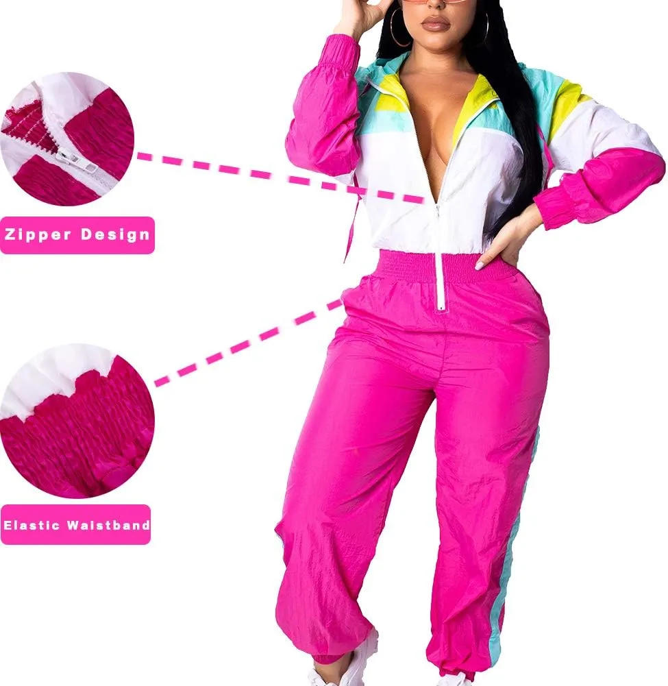 VOIKERDR Women Colorblock One Piece Outfits Set High Waist Pants Long Sleeve Zipper Front Windbreaker Jumpsuit