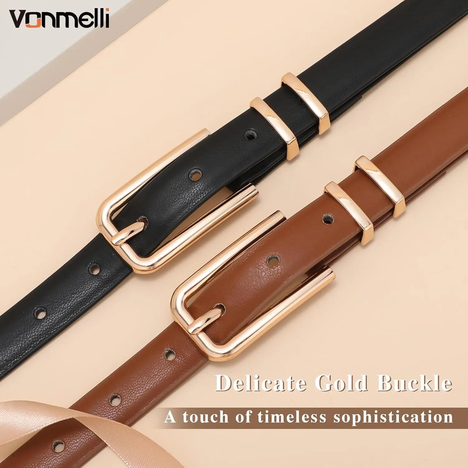 VONMELLI Women Skinny Leather Belt Thin Waist Belt for Women Jeans Dress Fashion Ladies Belt with Gold Buckle