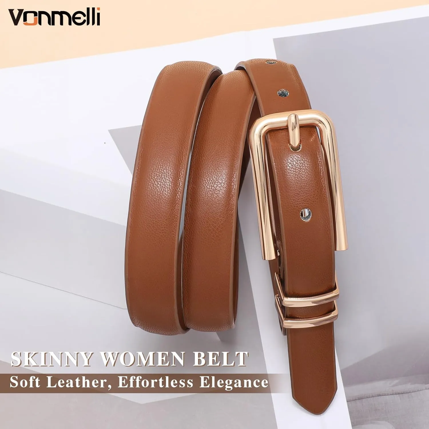 VONMELLI Women Skinny Leather Belt Thin Waist Belt for Women Jeans Dress Fashion Ladies Belt with Gold Buckle