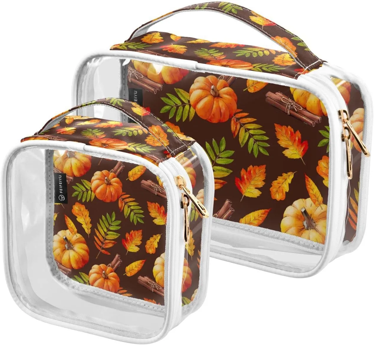 Watercolor-autumn-pattern 2 Pack Clear Toiletry Bag Women Men, Portable Waterproof Clear Pouch, Cosmetic Bag with Double Zippers Large Opening Traveling with Handle for Bathroom Traveling Vacation Org