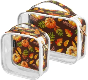 Watercolor-autumn-pattern 2 Pack Clear Toiletry Bag Women Men, Portable Waterproof Clear Pouch, Cosmetic Bag with Double Zippers Large Opening Traveling with Handle for Bathroom Traveling Vacation Org