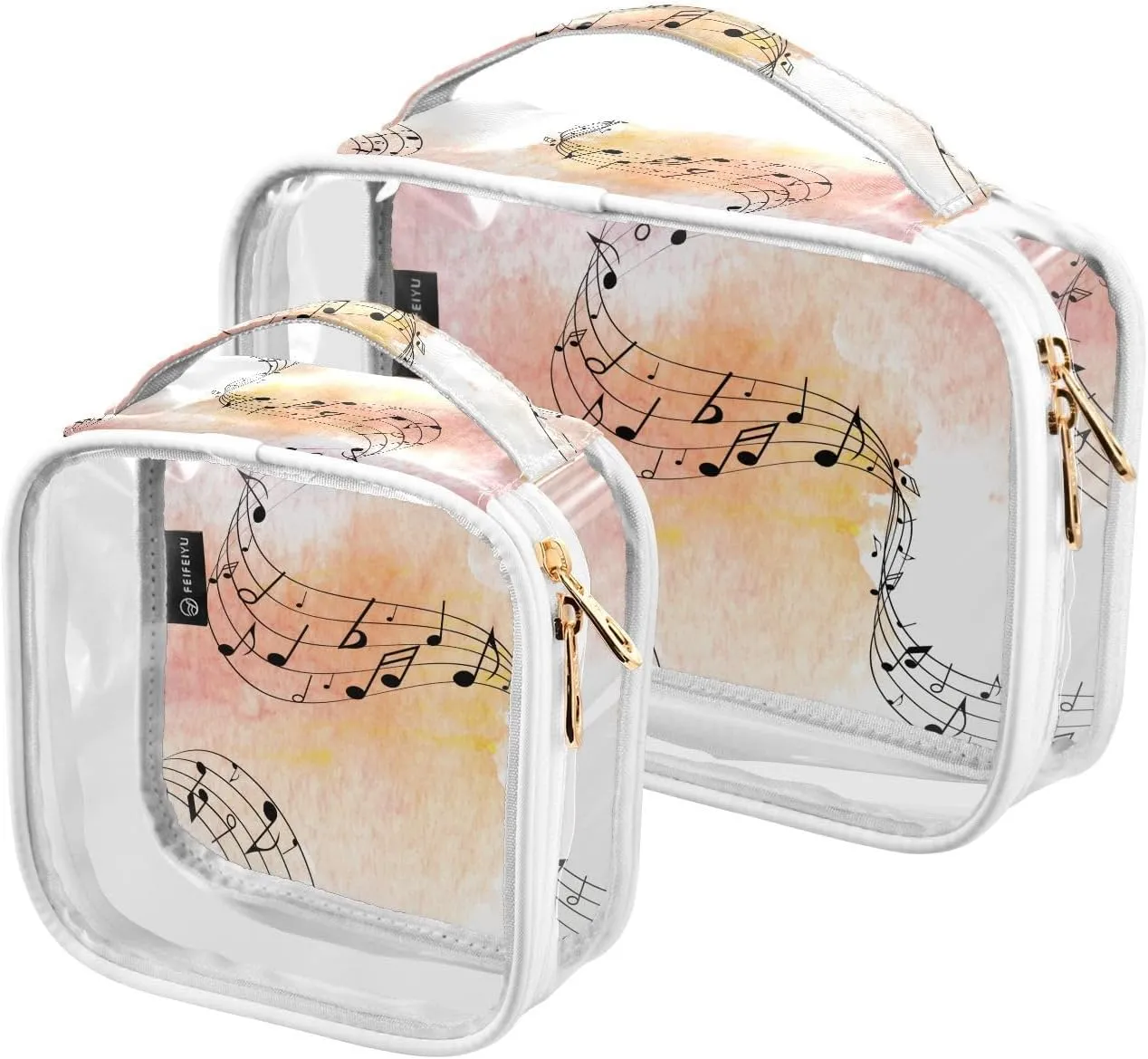 Watercolor-musical-texture 2 Pack Clear Toiletry Bag Women Men, Portable Waterproof Clear Pouch, Cosmetic Bag with Double Zippers Large Opening Traveling with Handle for Bathroom Traveling Vacation Or