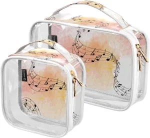 Watercolor-musical-texture 2 Pack Clear Toiletry Bag Women Men, Portable Waterproof Clear Pouch, Cosmetic Bag with Double Zippers Large Opening Traveling with Handle for Bathroom Traveling Vacation Or