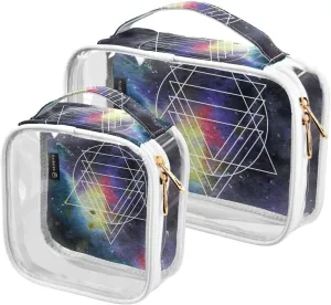 Watercolor-space-triangles-circles 2 Pack Clear Toiletry Bag Women Men, Portable Waterproof Clear Pouch, Cosmetic Bag with Double Zippers Large Opening Traveling with Handle for Bathroom Traveling Vac