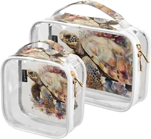 Watercolor-turtle-white 2 Pack Clear Toiletry Bag Women Men, Portable Waterproof Clear Pouch, Cosmetic Bag with Double Zippers Large Opening Traveling with Handle for Bathroom Traveling Vacation Organ