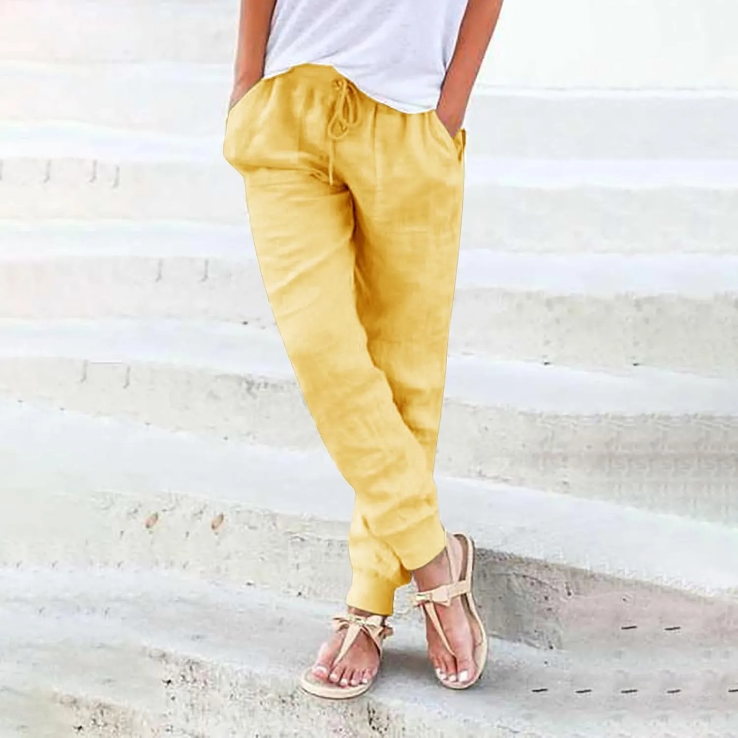 Wide Leg Trousers Women Tall Elastic Summer Linen 2024 Straight Leg Pants Drawstring Comfy Trousers with Pockets