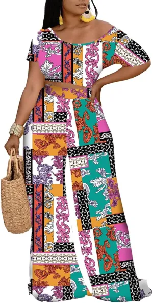Women 2 Piece Sexy Bodycon Crop Top High Waist Wide Leg Pants Set Plus Size Outfits