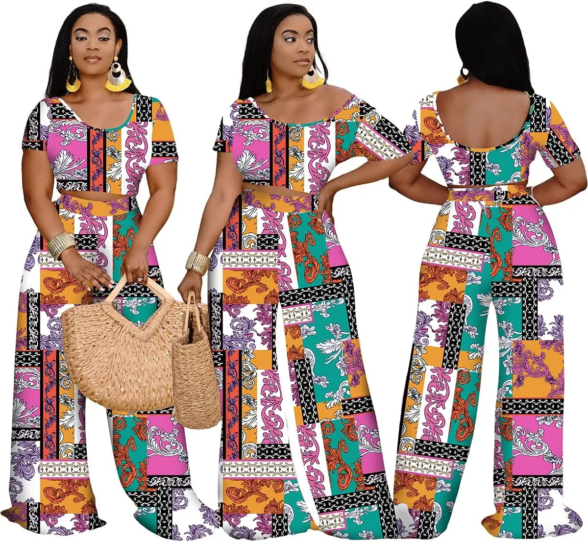 Women 2 Piece Sexy Bodycon Crop Top High Waist Wide Leg Pants Set Plus Size Outfits