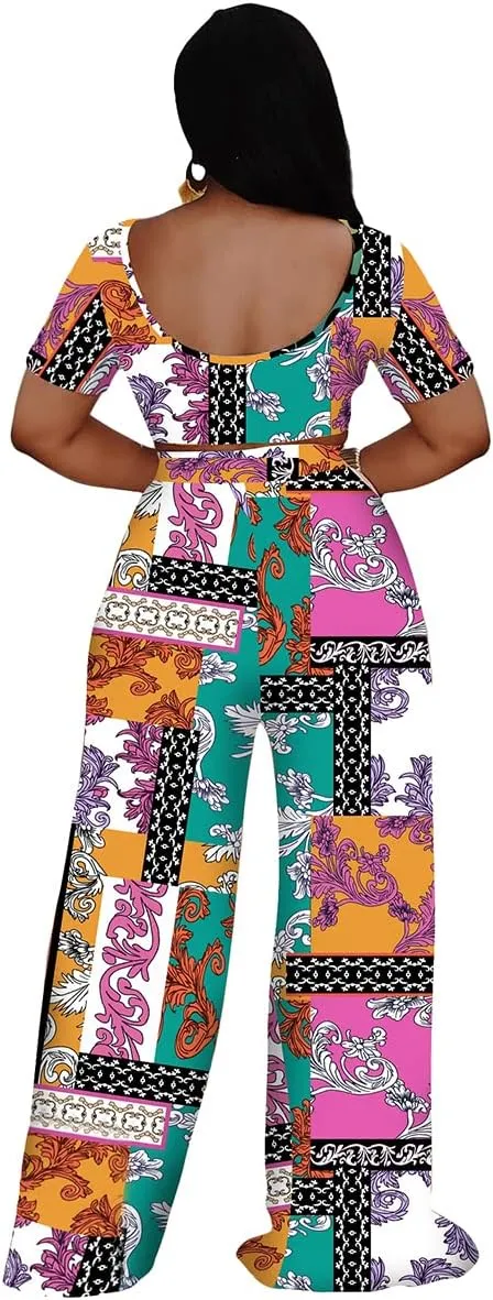 Women 2 Piece Sexy Bodycon Crop Top High Waist Wide Leg Pants Set Plus Size Outfits