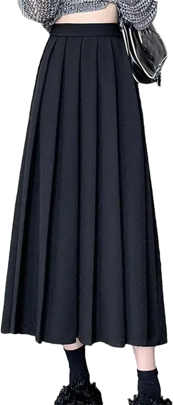 Women Black Vintage High Waist Pleated Skirt. Women Style Midi Long Skirt. Casual Female A-Line Skirts.