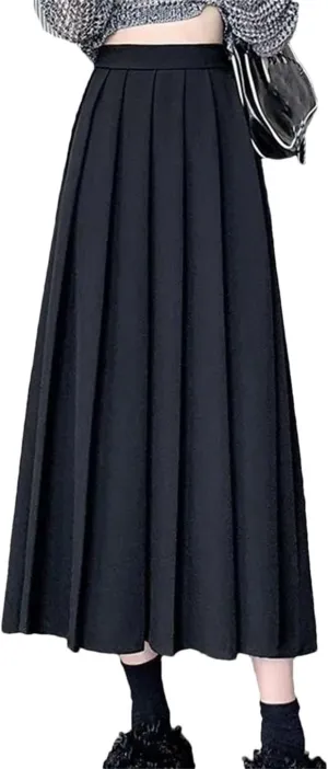 Women Black Vintage High Waist Pleated Skirt. Women Style Midi Long Skirt. Casual Female A-Line Skirts.