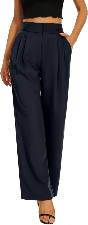 Women High Waist Wide Leg Dress Pants Pleated Front Wide Waistband Elastic Work Casual Long Trousers