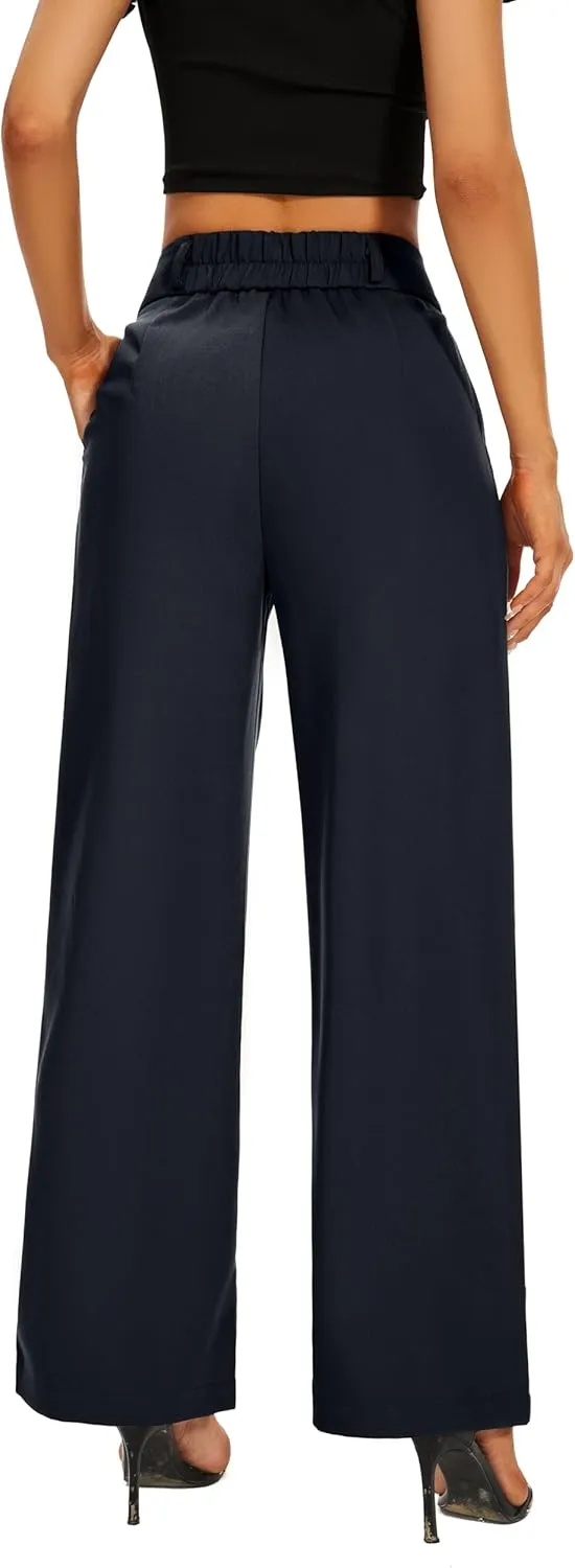 Women High Waist Wide Leg Dress Pants Pleated Front Wide Waistband Elastic Work Casual Long Trousers