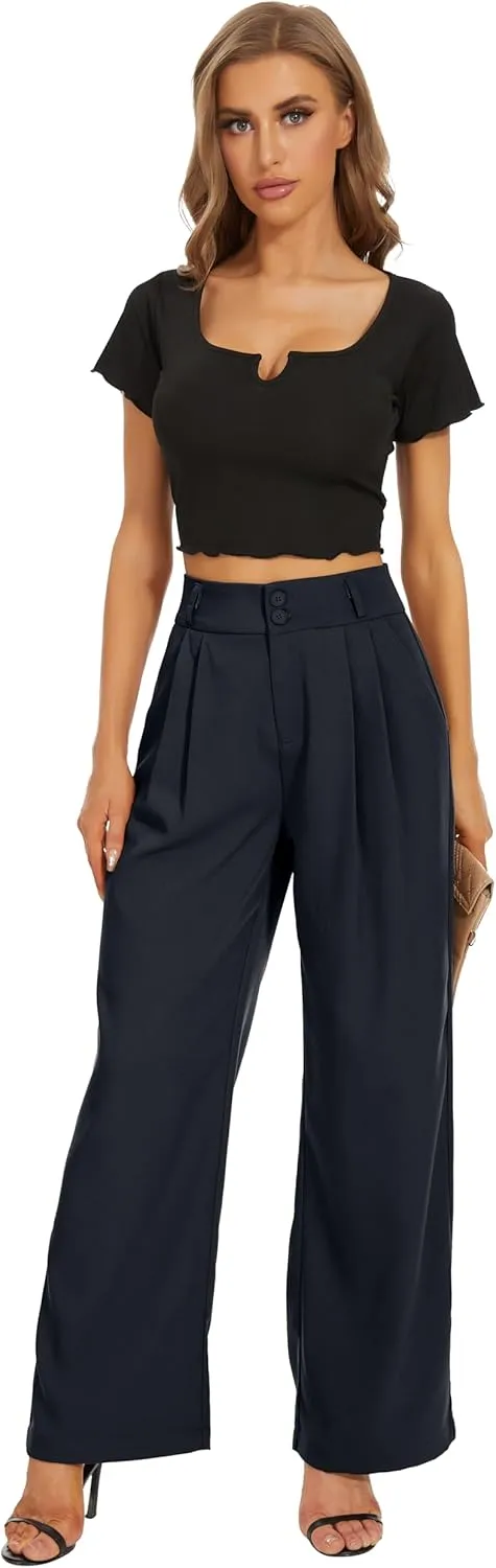 Women High Waist Wide Leg Dress Pants Pleated Front Wide Waistband Elastic Work Casual Long Trousers