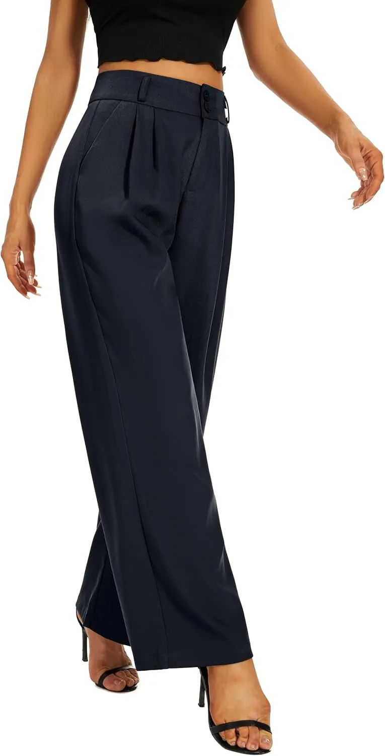 Women High Waist Wide Leg Dress Pants Pleated Front Wide Waistband Elastic Work Casual Long Trousers