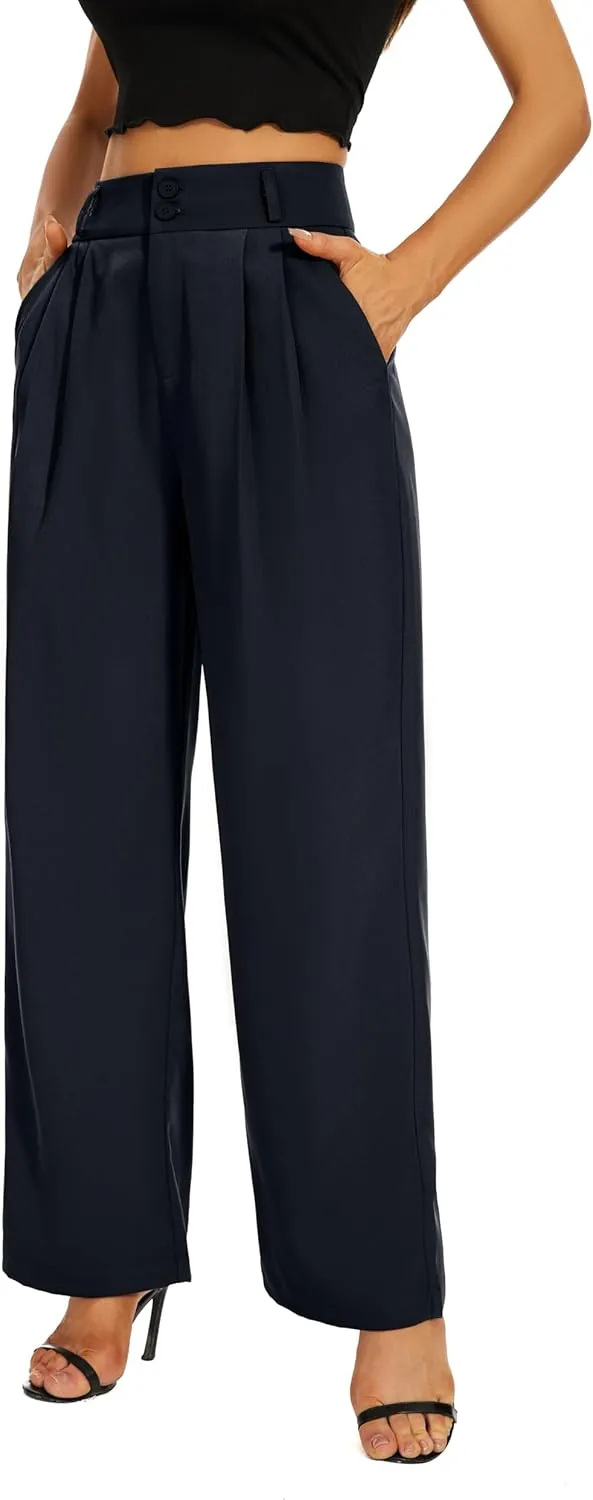 Women High Waist Wide Leg Dress Pants Pleated Front Wide Waistband Elastic Work Casual Long Trousers