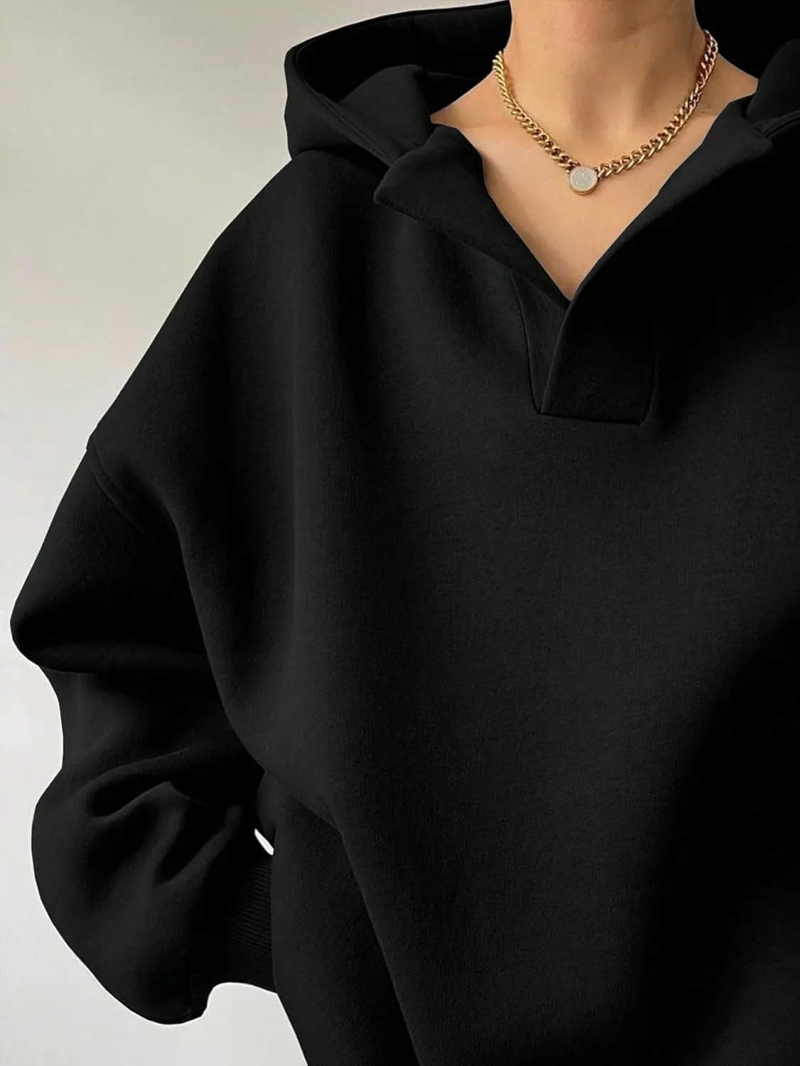 Women Hoodies Oversized Fleece Long Sleeve Comfy Casual V Neck Pullover Sweatshirts Preppy Clothes