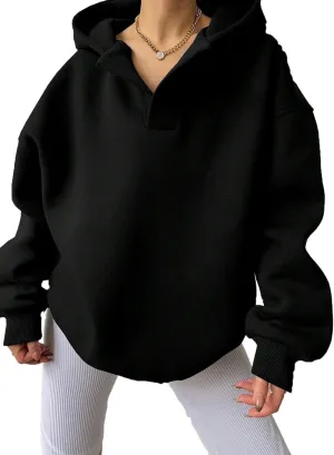 Women Hoodies Oversized Fleece Long Sleeve Comfy Casual V Neck Pullover Sweatshirts Preppy Clothes