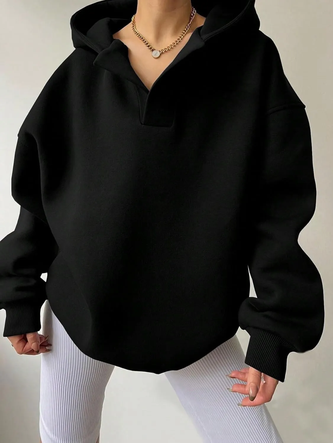 Women Hoodies Oversized Fleece Long Sleeve Comfy Casual V Neck Pullover Sweatshirts Preppy Clothes