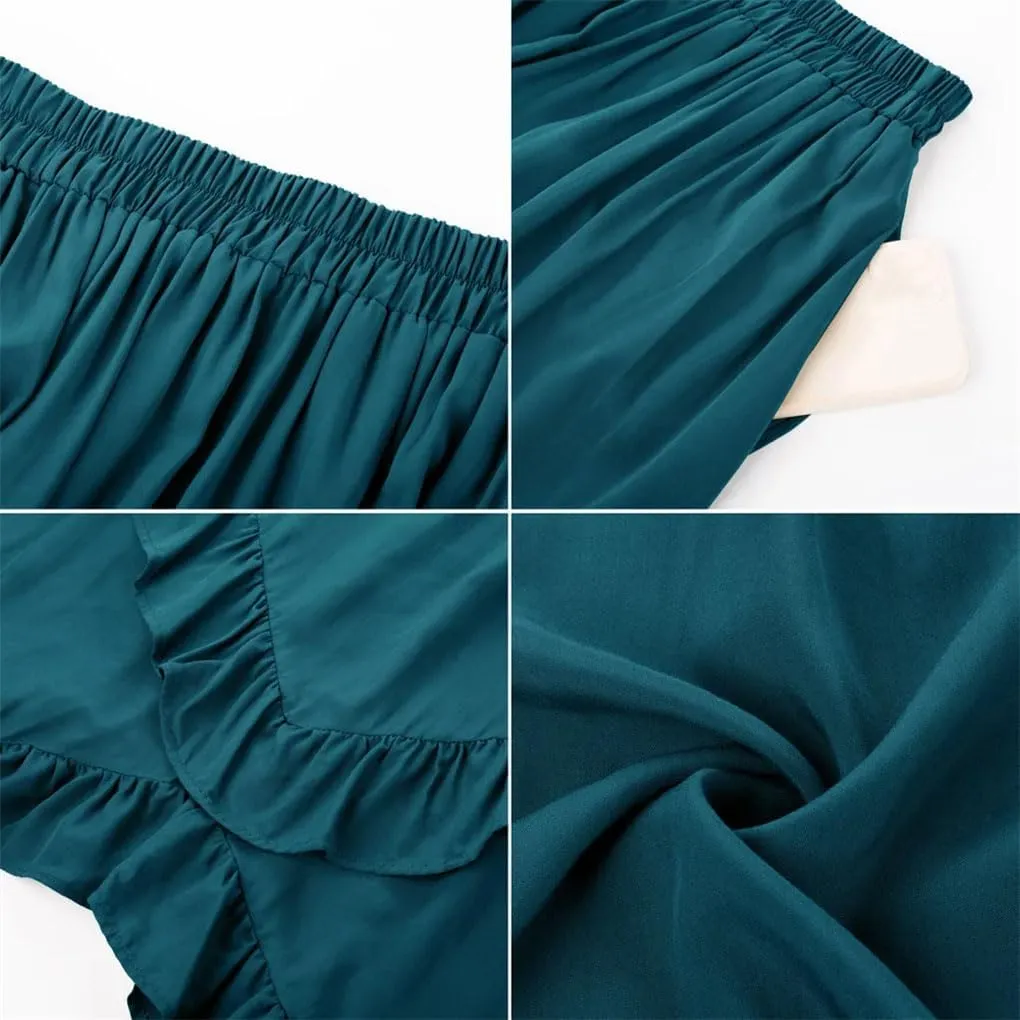 Women Lotus Leaves Swing Skirt Casual Elastic A-Line Long Skirts Women's Pleated Midi Skirt