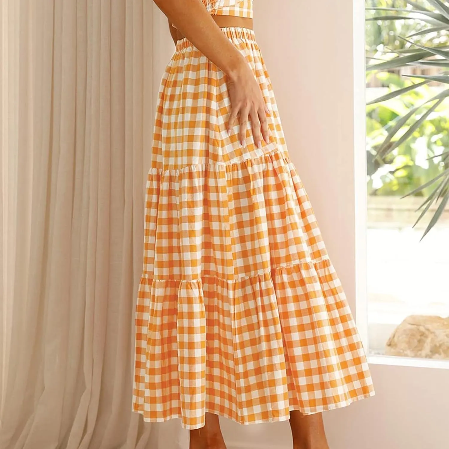 Women Plaid Tiered Maxi Skirt Elastic High Waist Vintage Gingham Pleated Long Skirt Y2K Flowy Swing A Line Skirt
