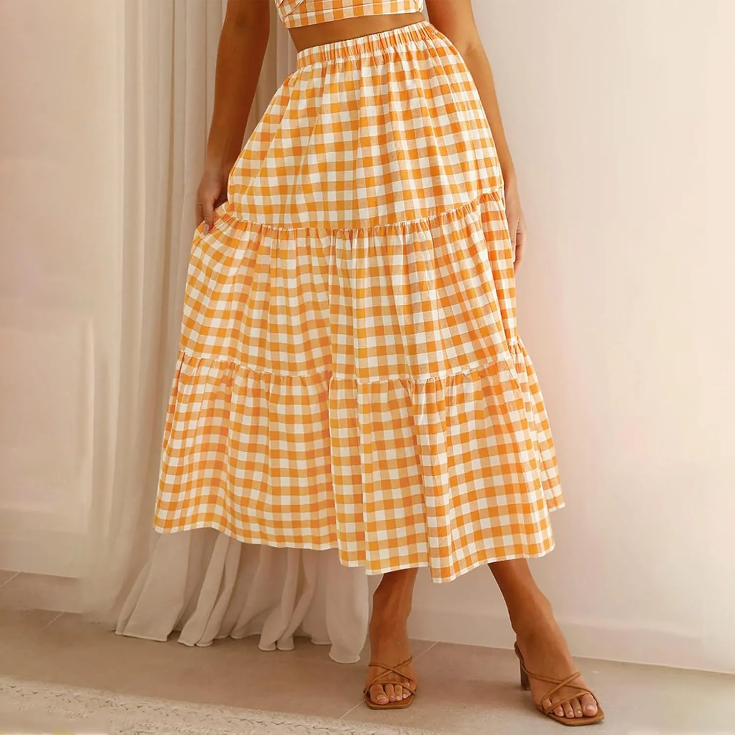 Women Plaid Tiered Maxi Skirt Elastic High Waist Vintage Gingham Pleated Long Skirt Y2K Flowy Swing A Line Skirt