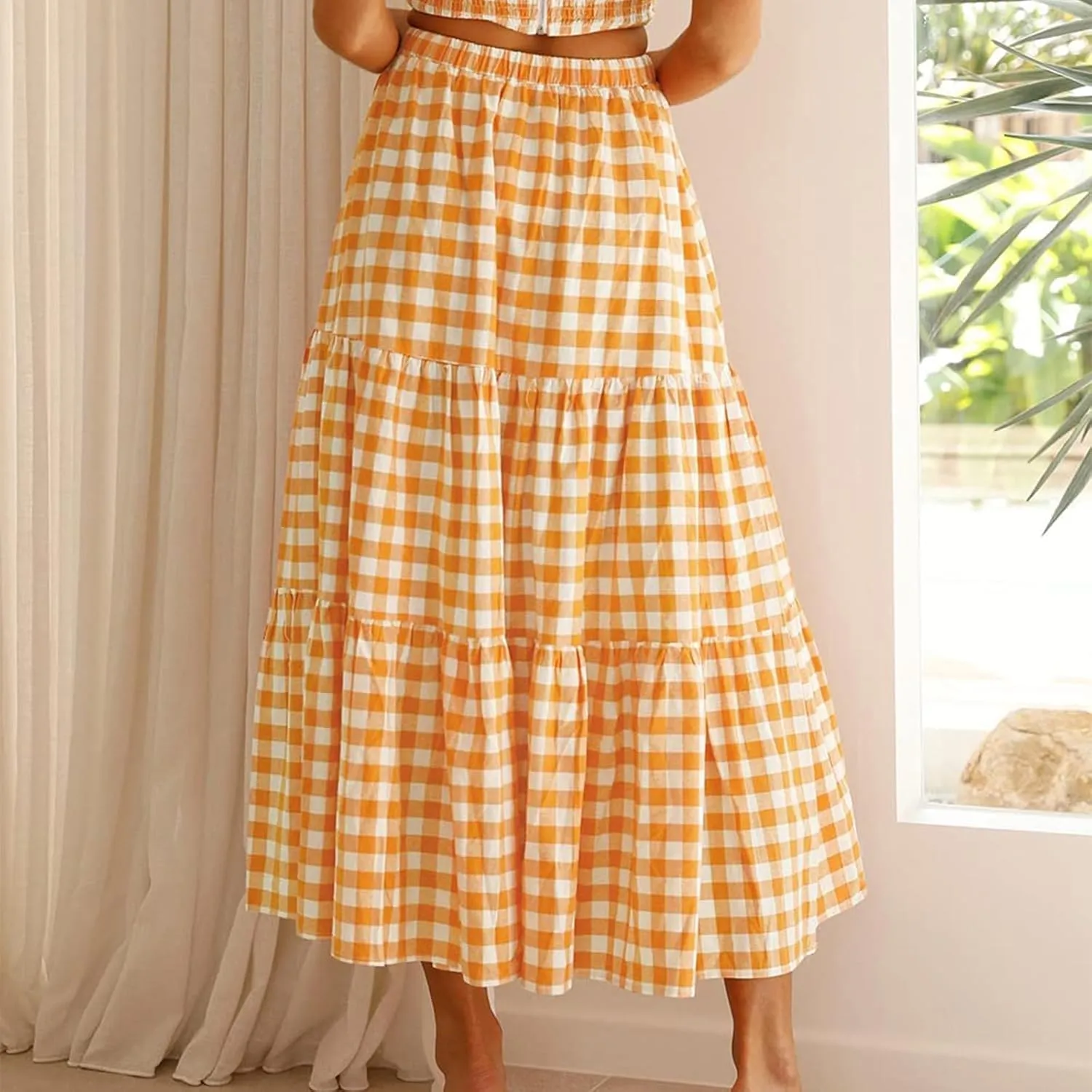 Women Plaid Tiered Maxi Skirt Elastic High Waist Vintage Gingham Pleated Long Skirt Y2K Flowy Swing A Line Skirt