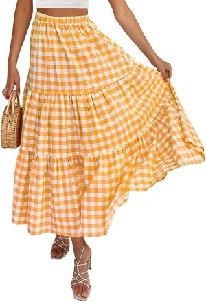 Women Plaid Tiered Maxi Skirt Elastic High Waist Vintage Gingham Pleated Long Skirt Y2K Flowy Swing A Line Skirt