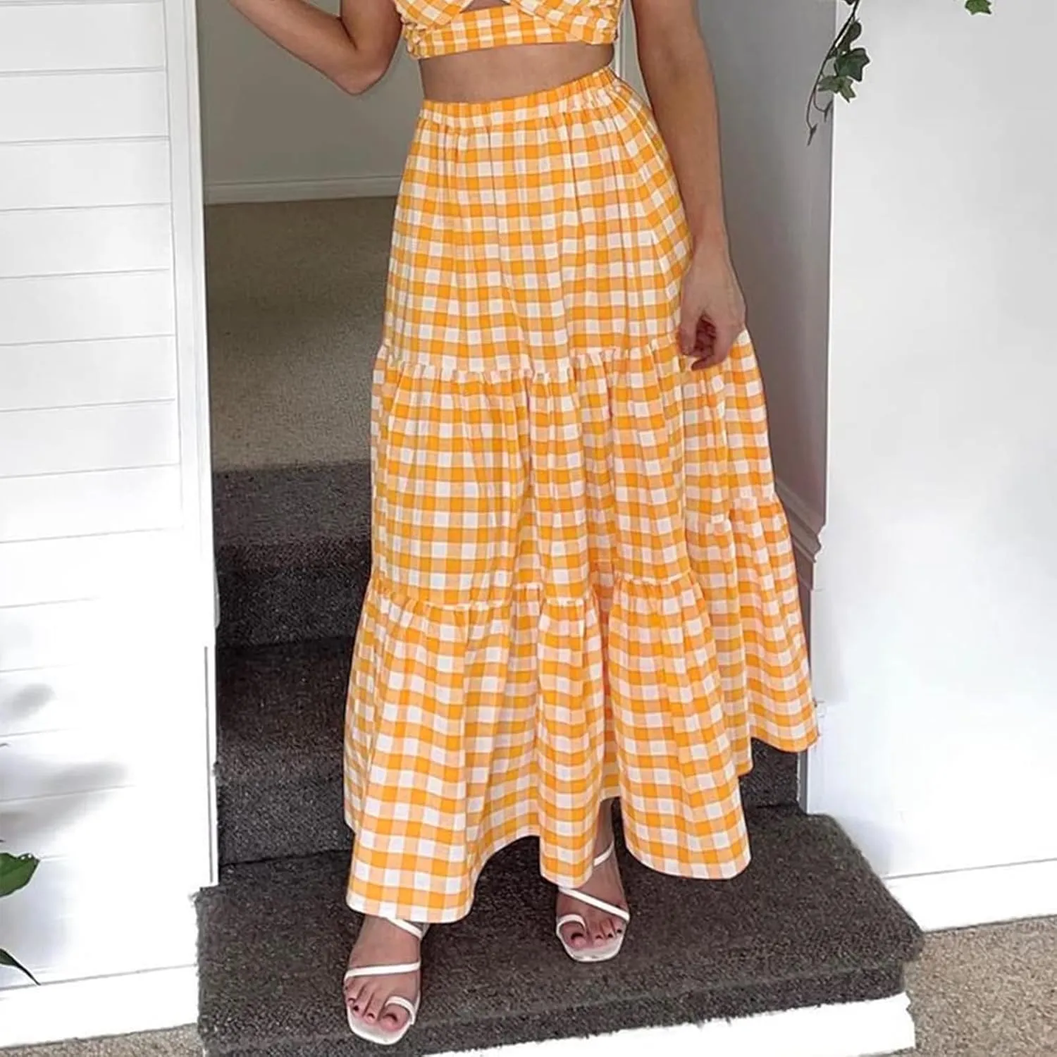 Women Plaid Tiered Maxi Skirt Elastic High Waist Vintage Gingham Pleated Long Skirt Y2K Flowy Swing A Line Skirt