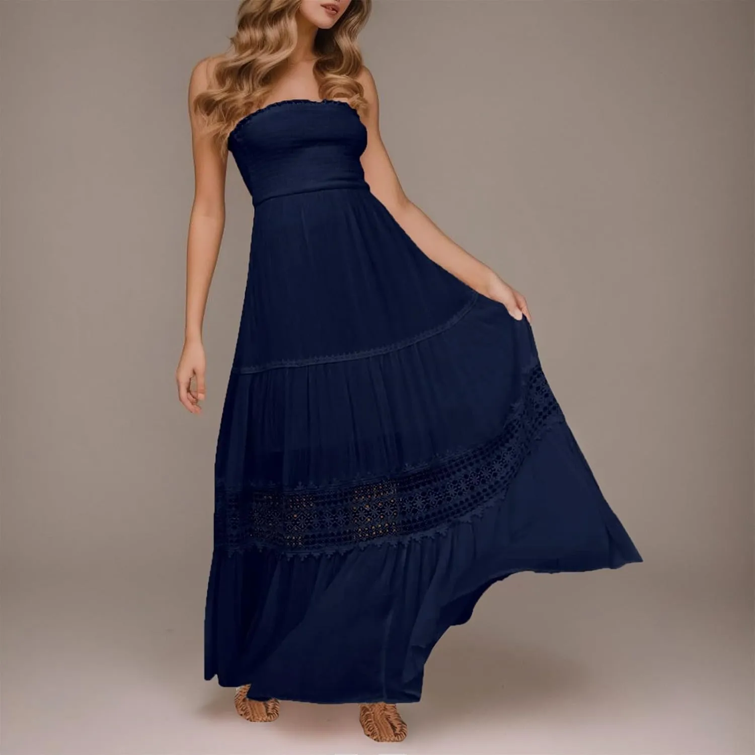 Women Strapless Boho Summer Maxi Dresses Backless Off Shoulder Lace Trim Flowy Swing Casual Long Dress Beach Sundress