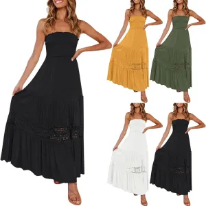 Women Strapless Boho Summer Maxi Dresses Backless Off Shoulder Lace Trim Flowy Swing Casual Long Dress Beach Sundress