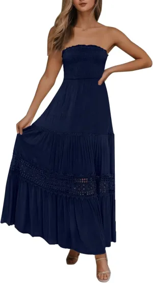 Women Strapless Boho Summer Maxi Dresses Backless Off Shoulder Lace Trim Flowy Swing Casual Long Dress Beach Sundress