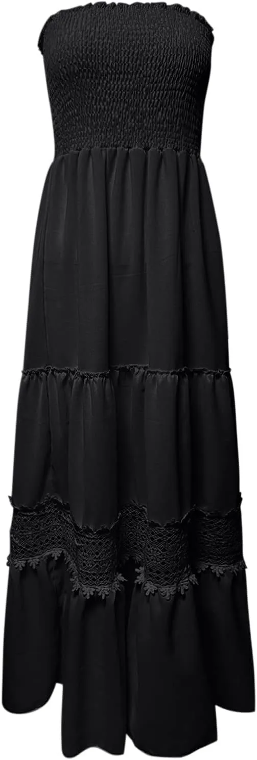 Women Strapless Boho Summer Maxi Dresses Backless Off Shoulder Lace Trim Flowy Swing Casual Long Dress Beach Sundress