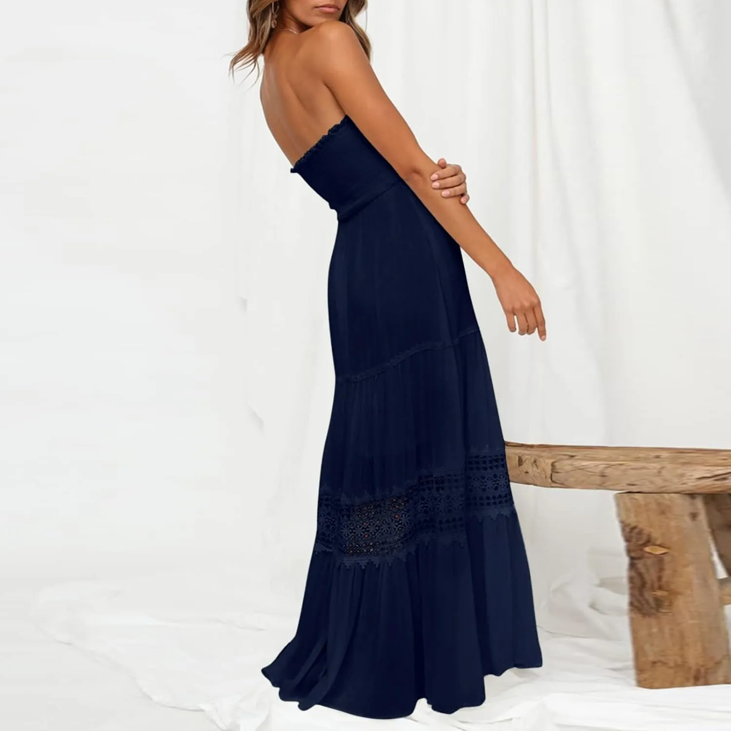 Women Strapless Boho Summer Maxi Dresses Backless Off Shoulder Lace Trim Flowy Swing Casual Long Dress Beach Sundress