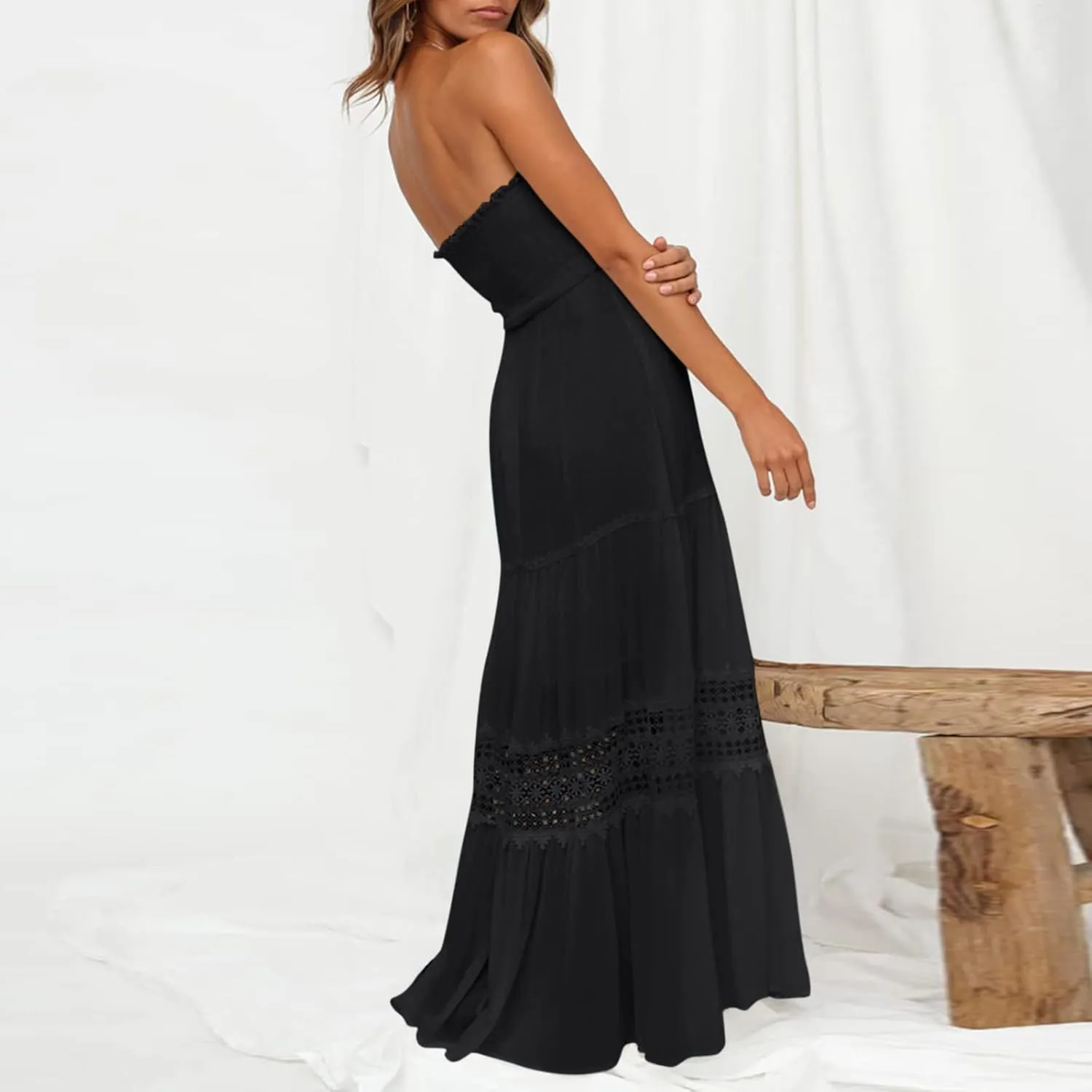 Women Strapless Boho Summer Maxi Dresses Backless Off Shoulder Lace Trim Flowy Swing Casual Long Dress Beach Sundress