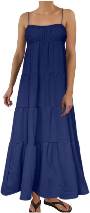 Women Summer Dresses Spaghetti Strap Scoop Neck Smocked Ruffle Loose Flowy Boho Sleeveless Backless Beach Maxi Long Dress