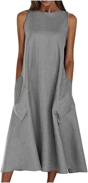 Women Summer Sexy Sleeveless Midi Dress Solid Plus Size Loose Beach Casual Party Cocktail Club Easter Wedding Sundress